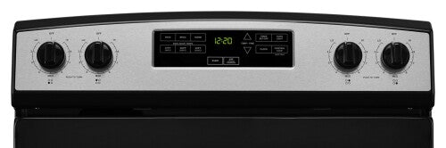 Control panel of black and stainless steel electric range with digital clock and rotary temperature knobs from appliances collection