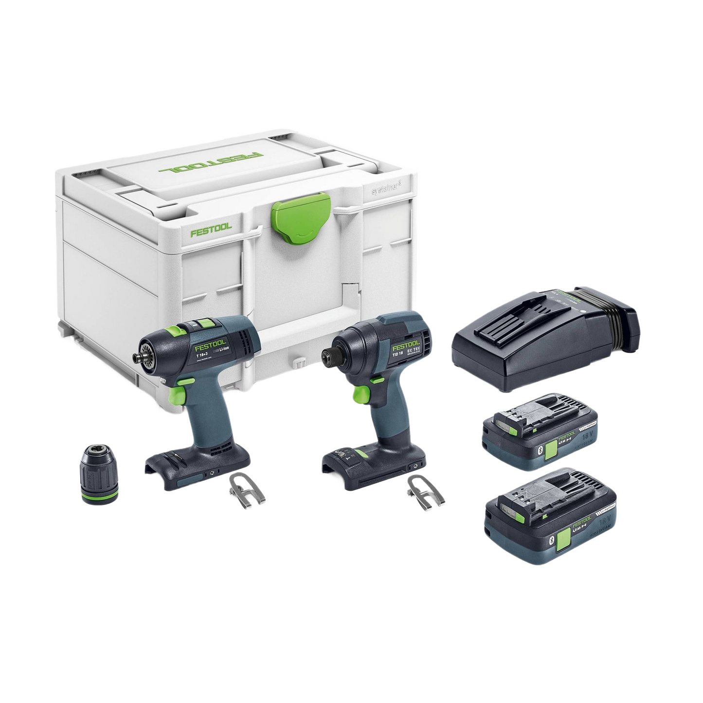 Festool cordless impact driver and drill set with batteries, charger, and storage case for woodworking power tools.