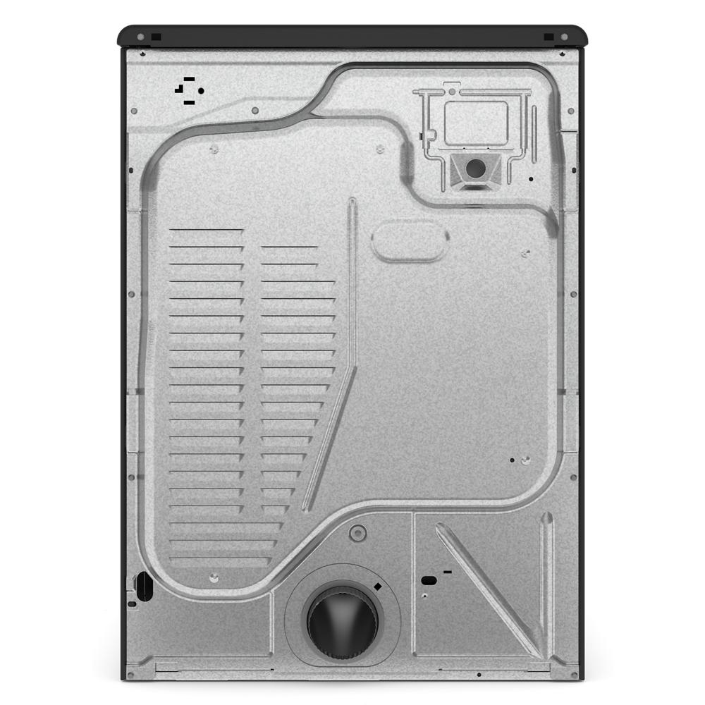 Rear view of an electric dryer panel showing vent and structural metal design for home appliance use