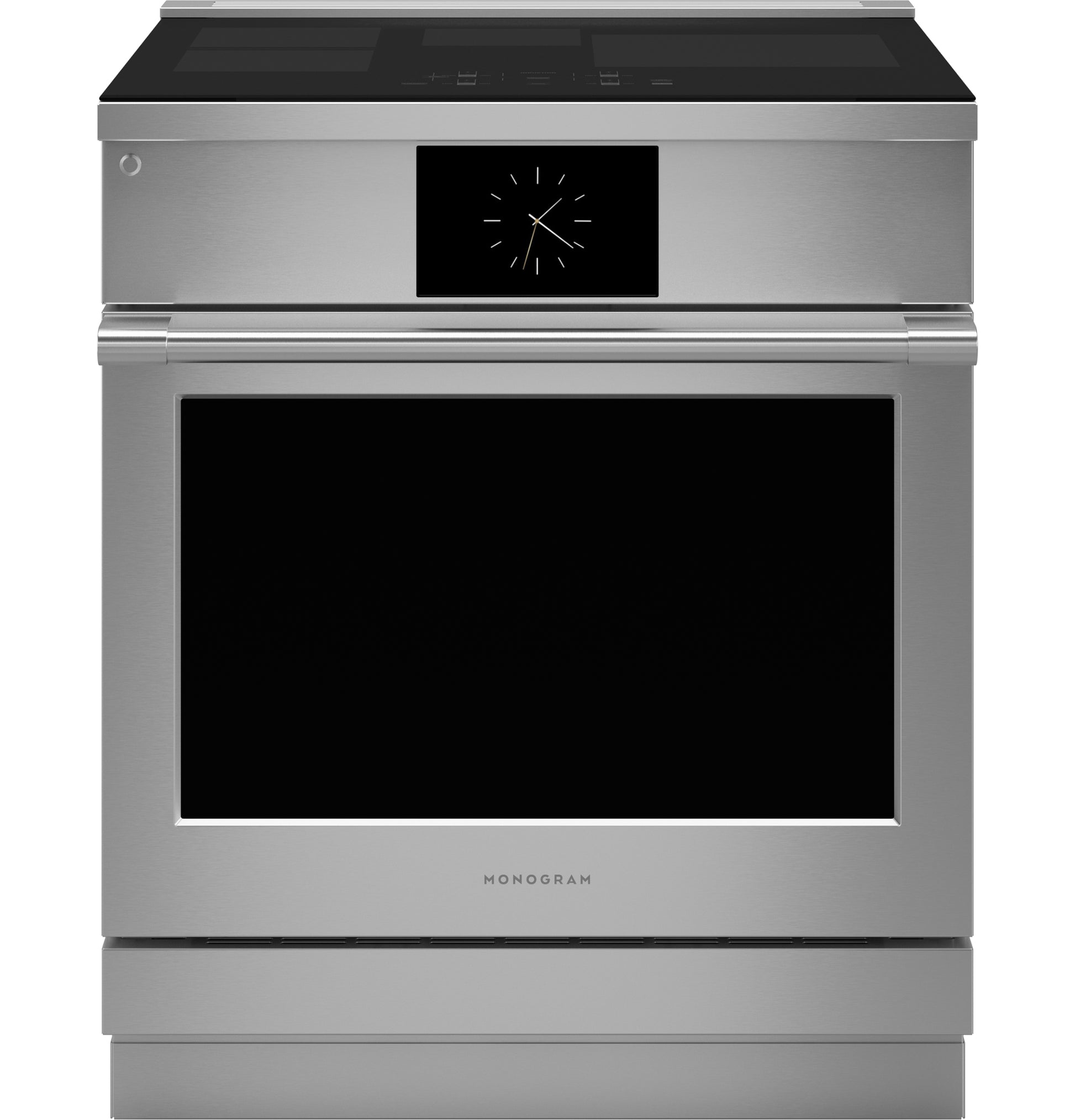 Stainless steel induction range with digital clock display and smooth cooktop in kitchen appliances collection