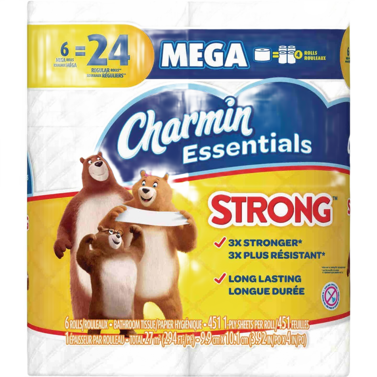 Package of Charmin Essentials strong toilet paper, 6 mega rolls in household cleaning and paper towels collections