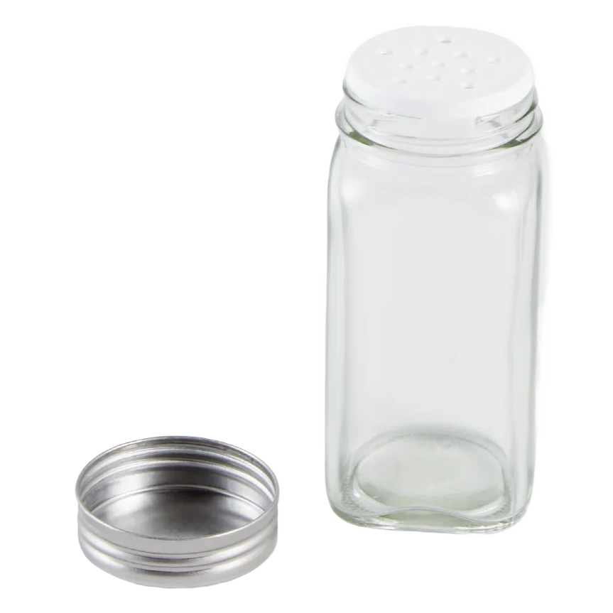 Clear square glass bottle with removable metal and plastic perforated lids for kitchenware spice storage under $50