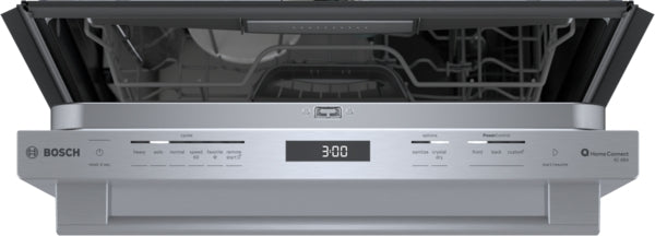 Control panel close-up of Bosch 800 Series dishwasher featuring a sleek stainless steel anti-fingerprint finish and digital display