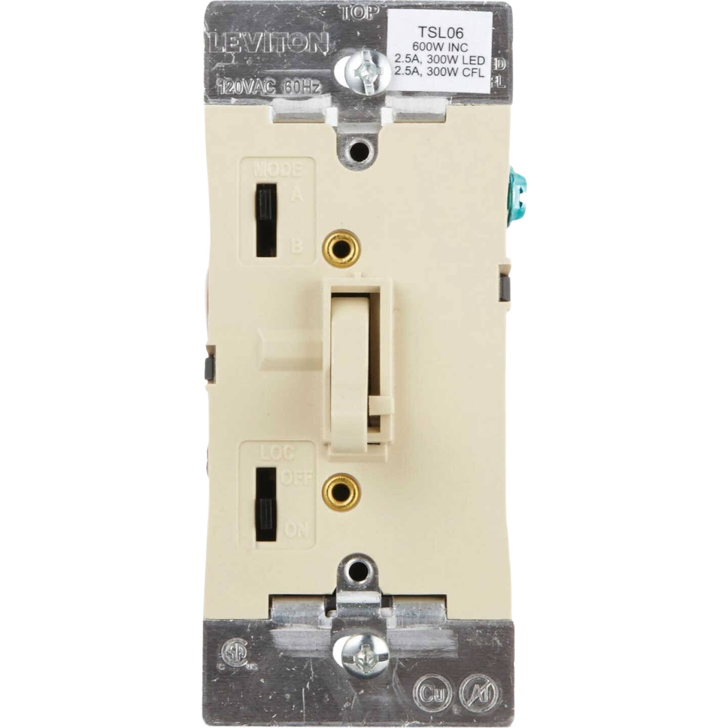 Ivory dimmer switch with toggle slide and metal mounting plate for home improvement electrical projects