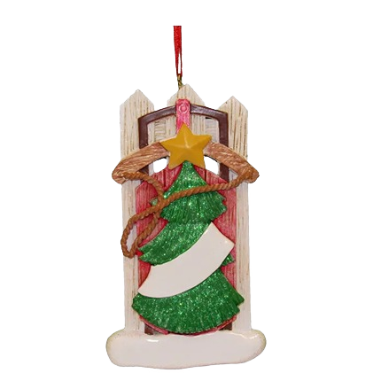 Wooden sled ornament with green Christmas tree, yellow star, and red ribbon for tree decorations under $50