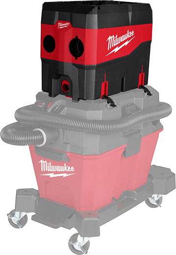 Red and black Milwaukee compact debris separator with attached hose and caster wheels for tools and home improvement use