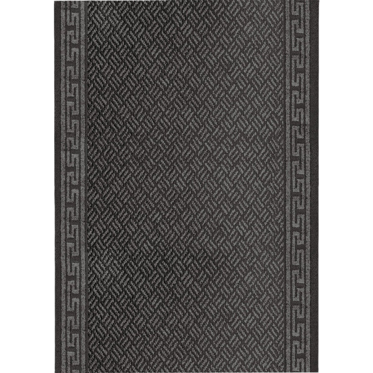 Dark gray Persian carpet runner with intricate geometric patterns and decorative border for elegant home decor
