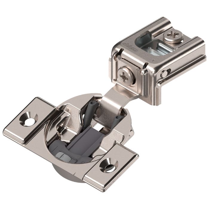 Compact satin nickel hinge with Blumotion soft-close mechanism for cabinet doors in tools and home improvement projects