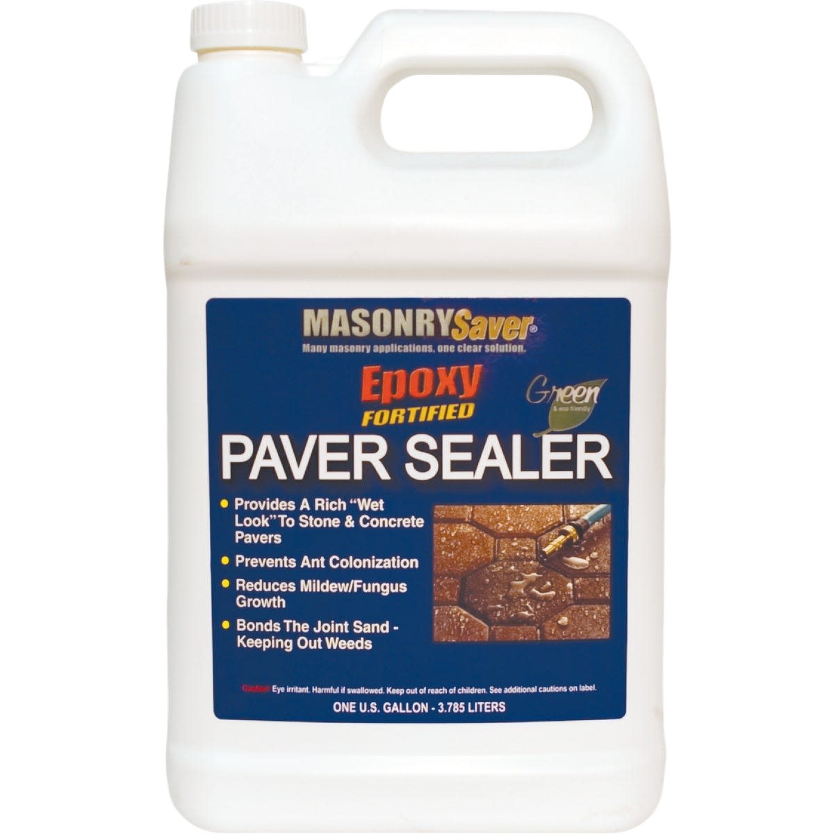 White gallon container of epoxy fortified paver sealer for stone and concrete protecting surfaces in home improvement use