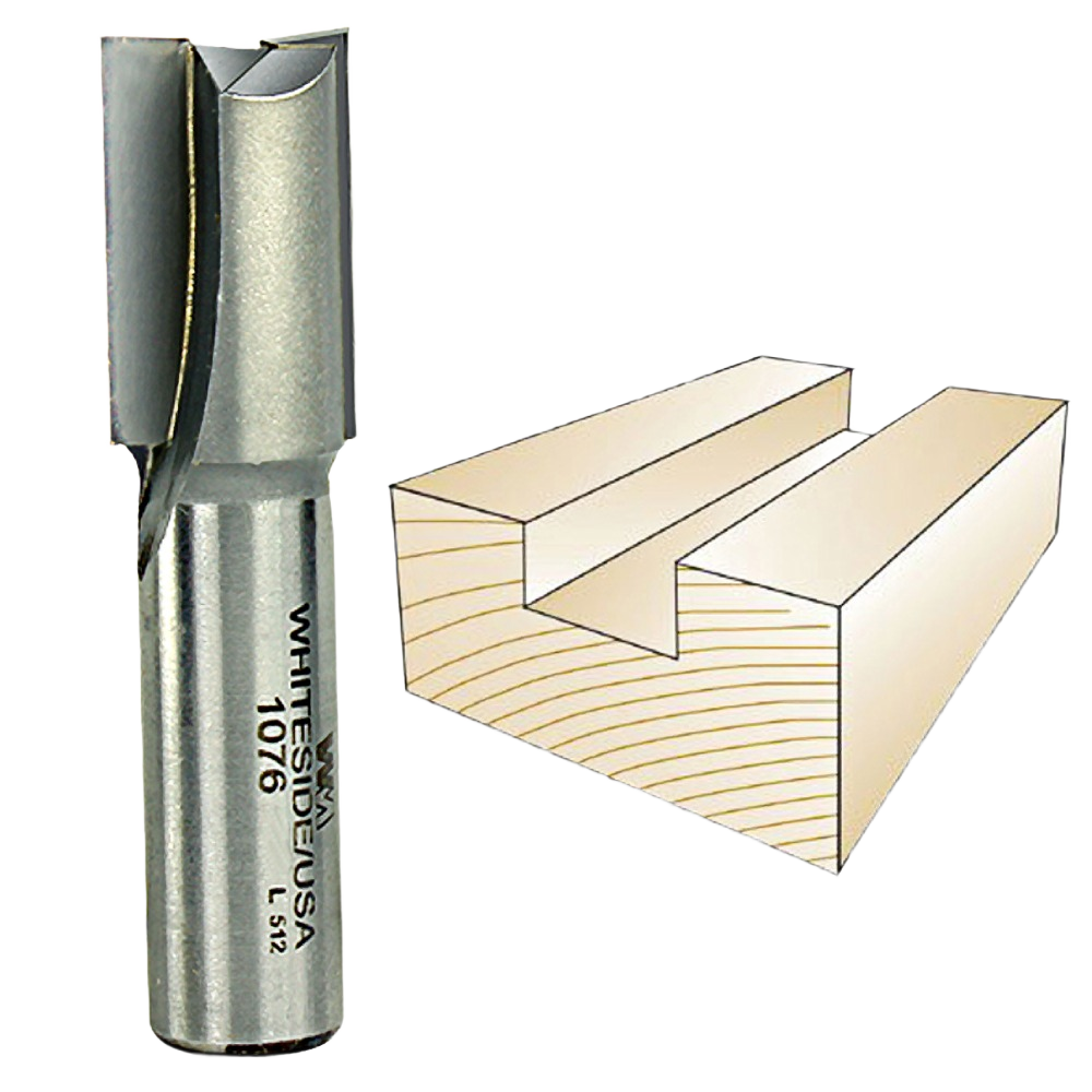 Carbide-tipped straight router bit next to illustration of a clean wood groove for woodworking tool accessories collections