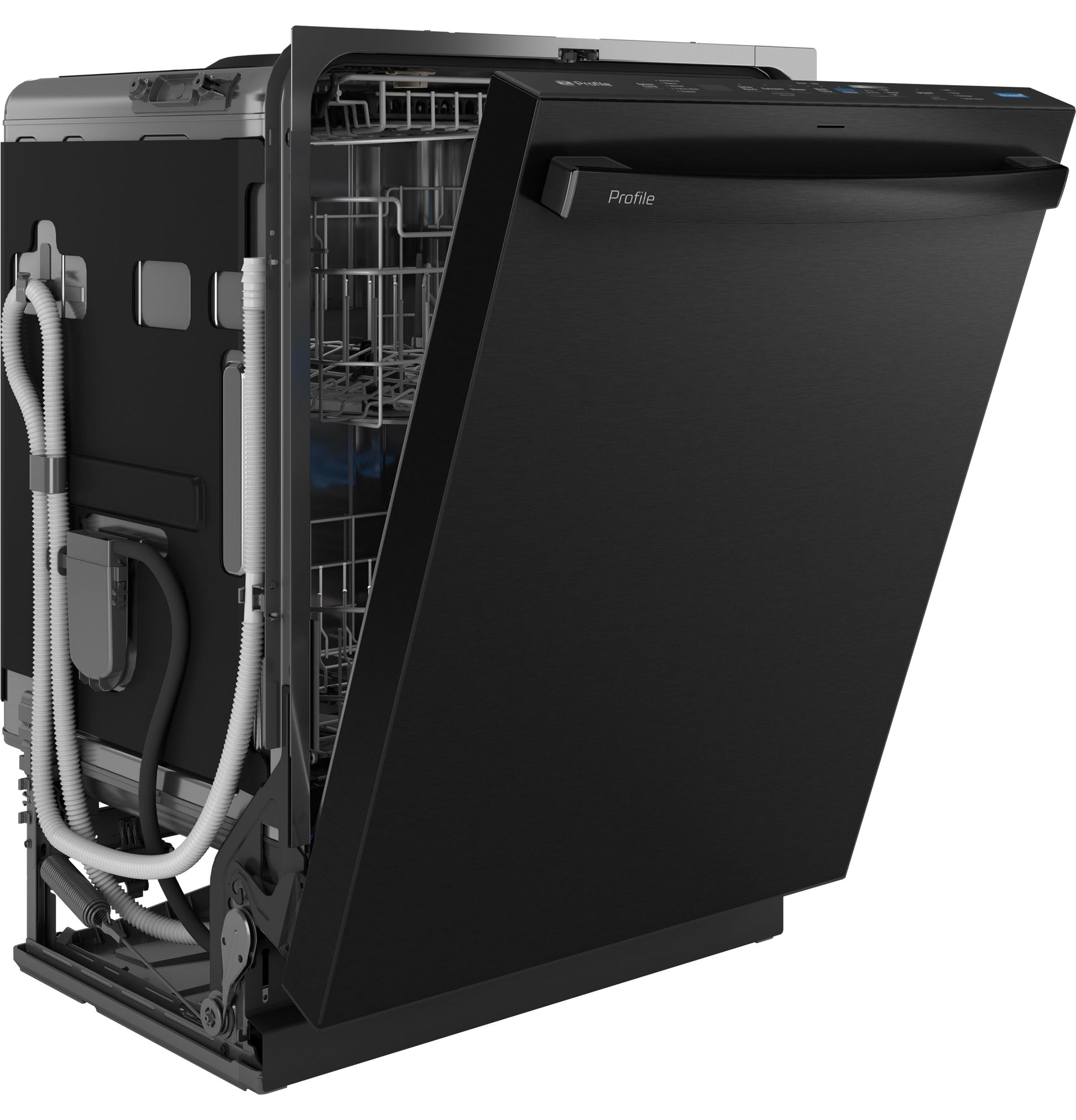 Black GE Profile dishwasher with open door showing interior racks and exterior panel in appliance setting