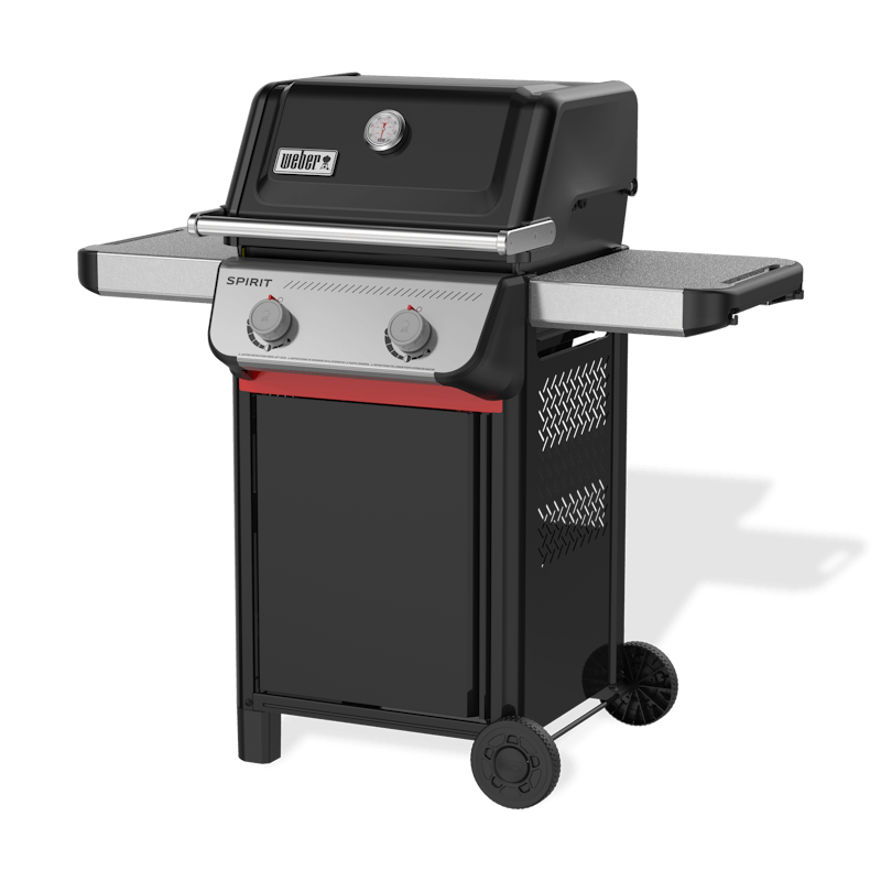 Black propane grill with dual control knobs, side shelves, and wheels for versatile outdoor grilling and patio use