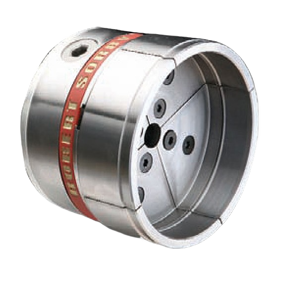 Polished steel deep grip chuck jaws with red branding band for precision woodworking and home improvement tools