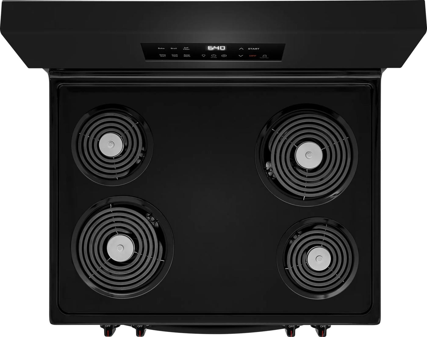 Top view of black electric range cooktop with four coil burners and digital control panel in kitchen appliances collection