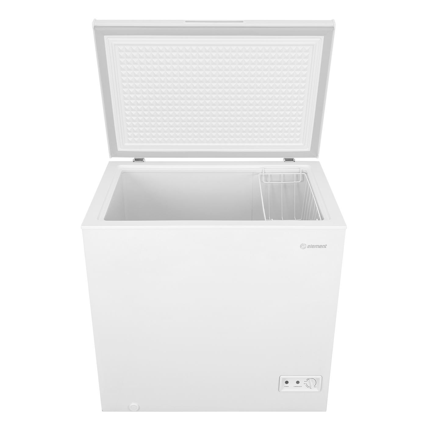 White chest freezer with spacious interior and removable storage basket for kitchen and appliance use in home improvement