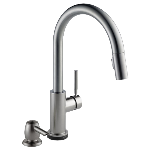 Brushed stainless steel kitchen faucet with high-arc spout, single lever handle, and side soap dispenser for home improvement.