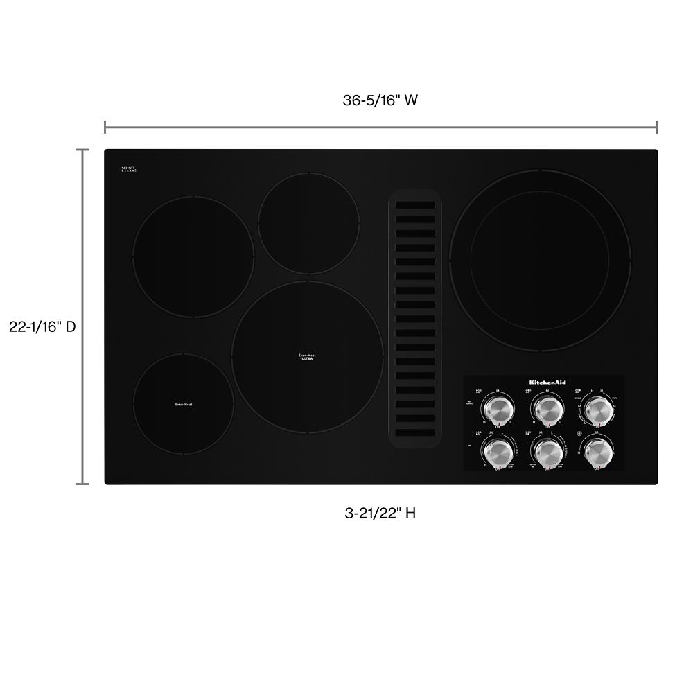 Black electric cooktop with five cooking elements and integrated downdraft vent from KitchenAid appliances collection