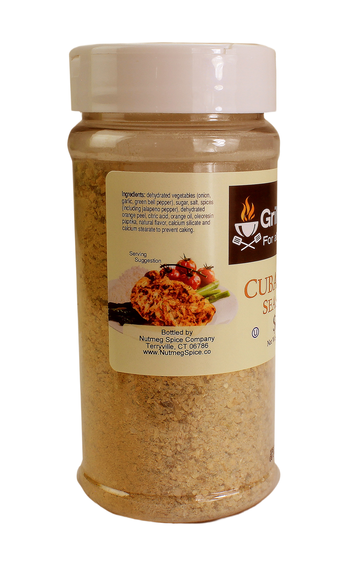 Clear plastic container filled with light brown Cuban mojo seasoning with white lid and grilled chicken serving suggestion label