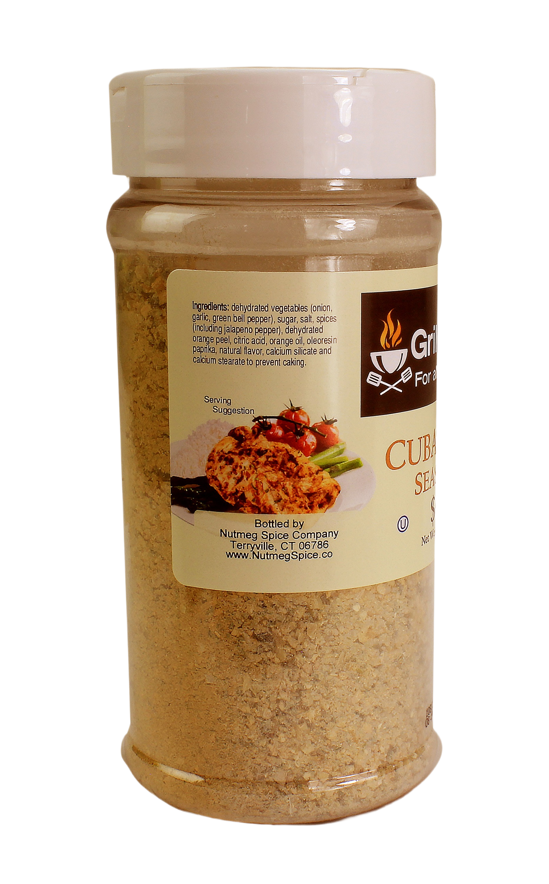 Clear plastic container filled with light brown Cuban mojo seasoning with white lid and grilled chicken serving suggestion label