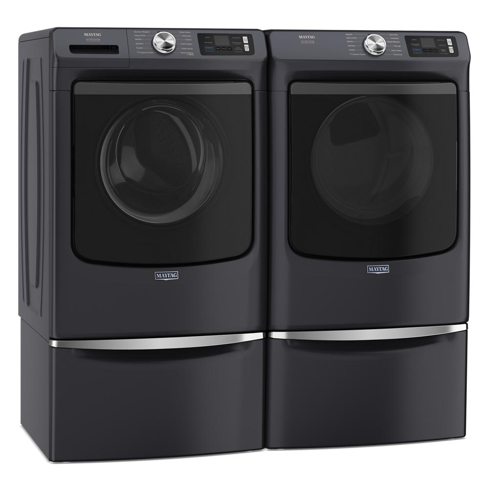 Matching dark finish washer and dryer set elevated on 15.5-inch storage pedestals from Appliance Parts & Accessories collection