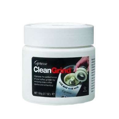 White container of Capresso grinder cleaning powder removing coffee residue for kitchenware cleaning supplies use