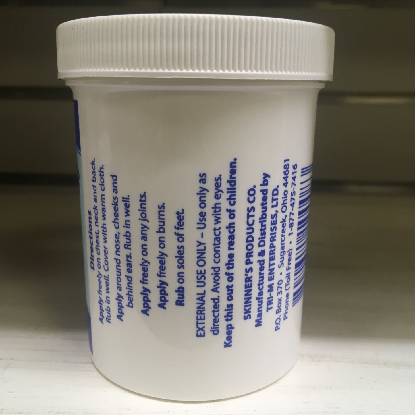 White plastic jar showing usage instructions and warnings of Skinner’s Vaporizing Salve in Health & Beauty under $50 collection
