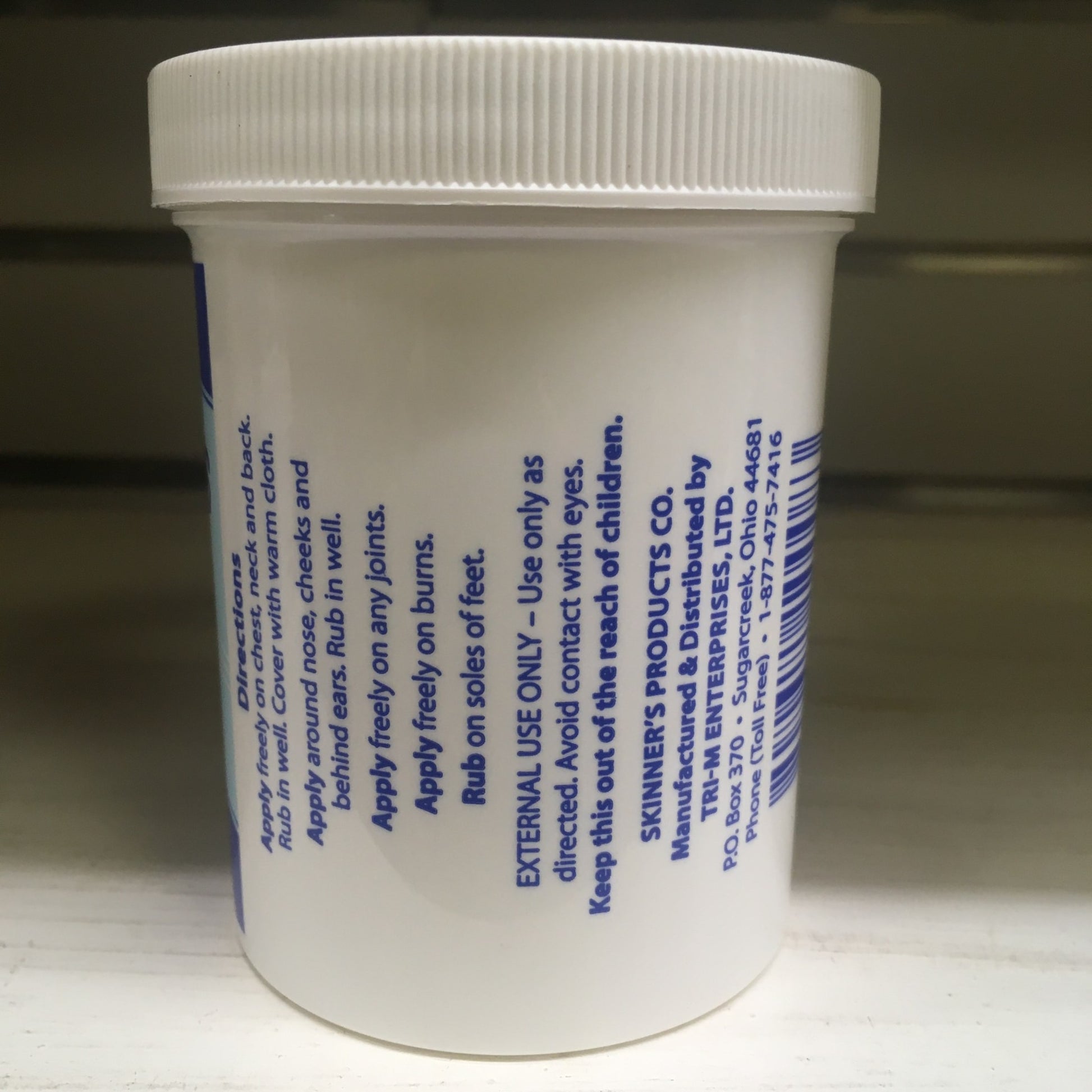 White plastic jar showing usage instructions and warnings of Skinner’s Vaporizing Salve in Health & Beauty under $50 collection