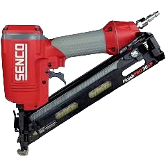 Red and gray angled finish nailer with ergonomic grip and pneumatic fitting, part of nail guns and fastening tools rental equipment at Hartville Hardware for home improvement.