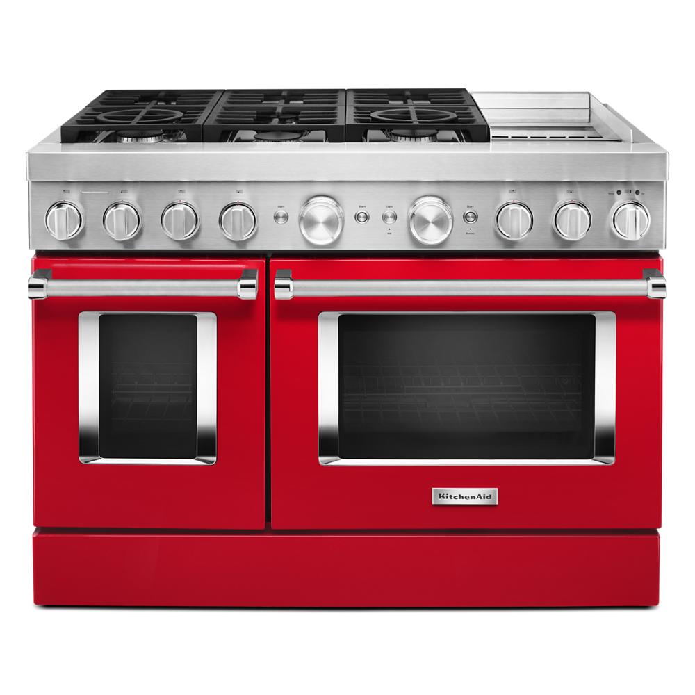 Commercial-style dual fuel range with red finish, six gas burners, electric ovens, and chrome control knobs in ranges collection