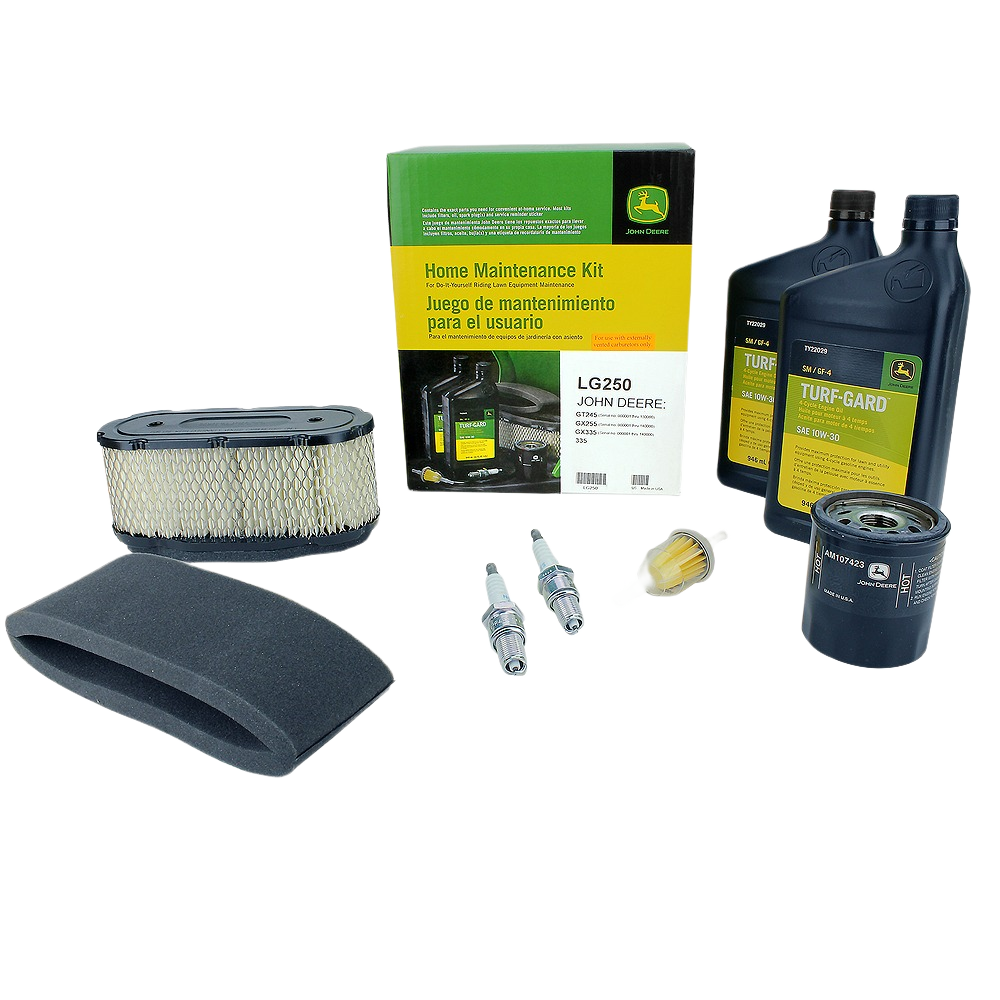 John Deere home maintenance kit with oil, filters, spark plugs, and air filter for tools and home improvement