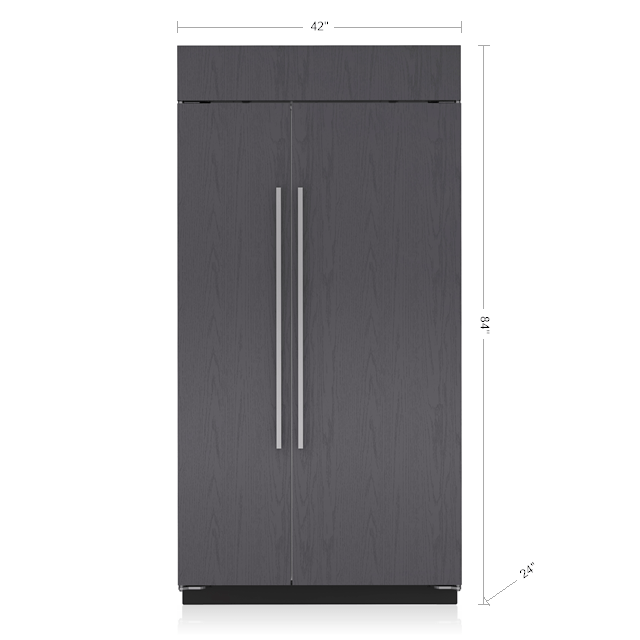 Panel ready Sub-Zero side by side refrigerator/freezer with wood grain finish in kitchen appliance collection