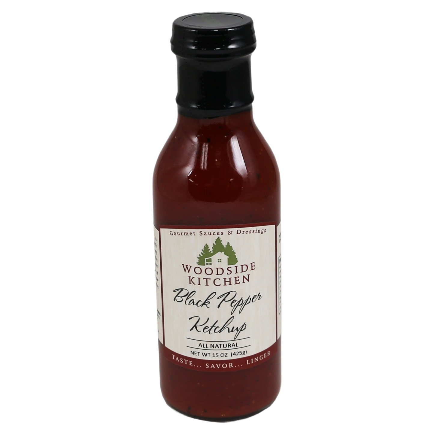 Glass bottle of Woodside Kitchen all natural black pepper ketchup in under $50 condiments collection