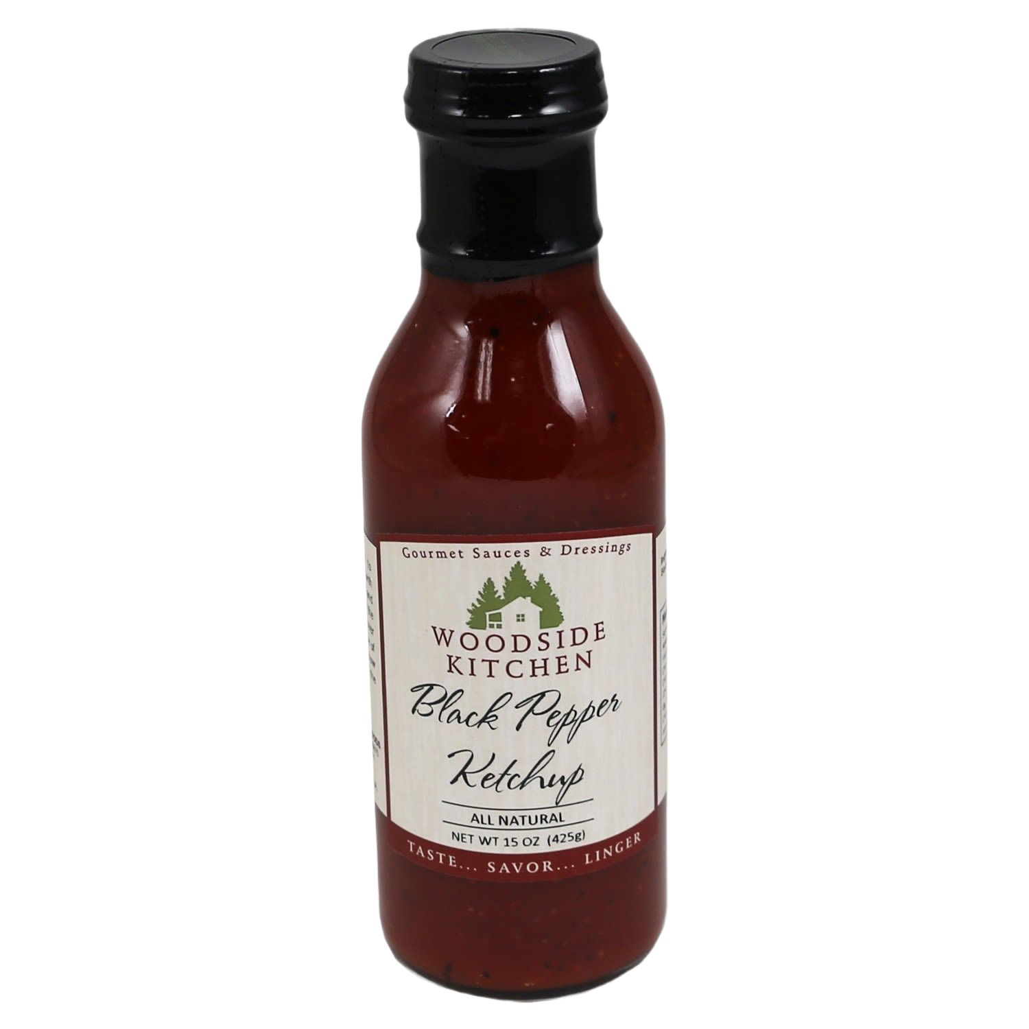 Glass bottle of Woodside Kitchen all natural black pepper ketchup in under $50 condiments collection