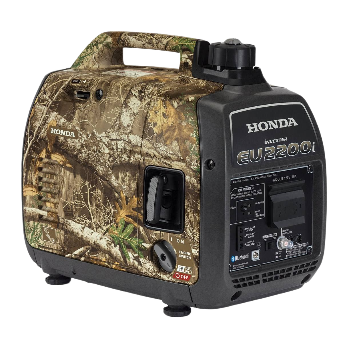 Portable camo-patterned inverter generator with handle and multiple outlets for outdoor power and home improvement tasks