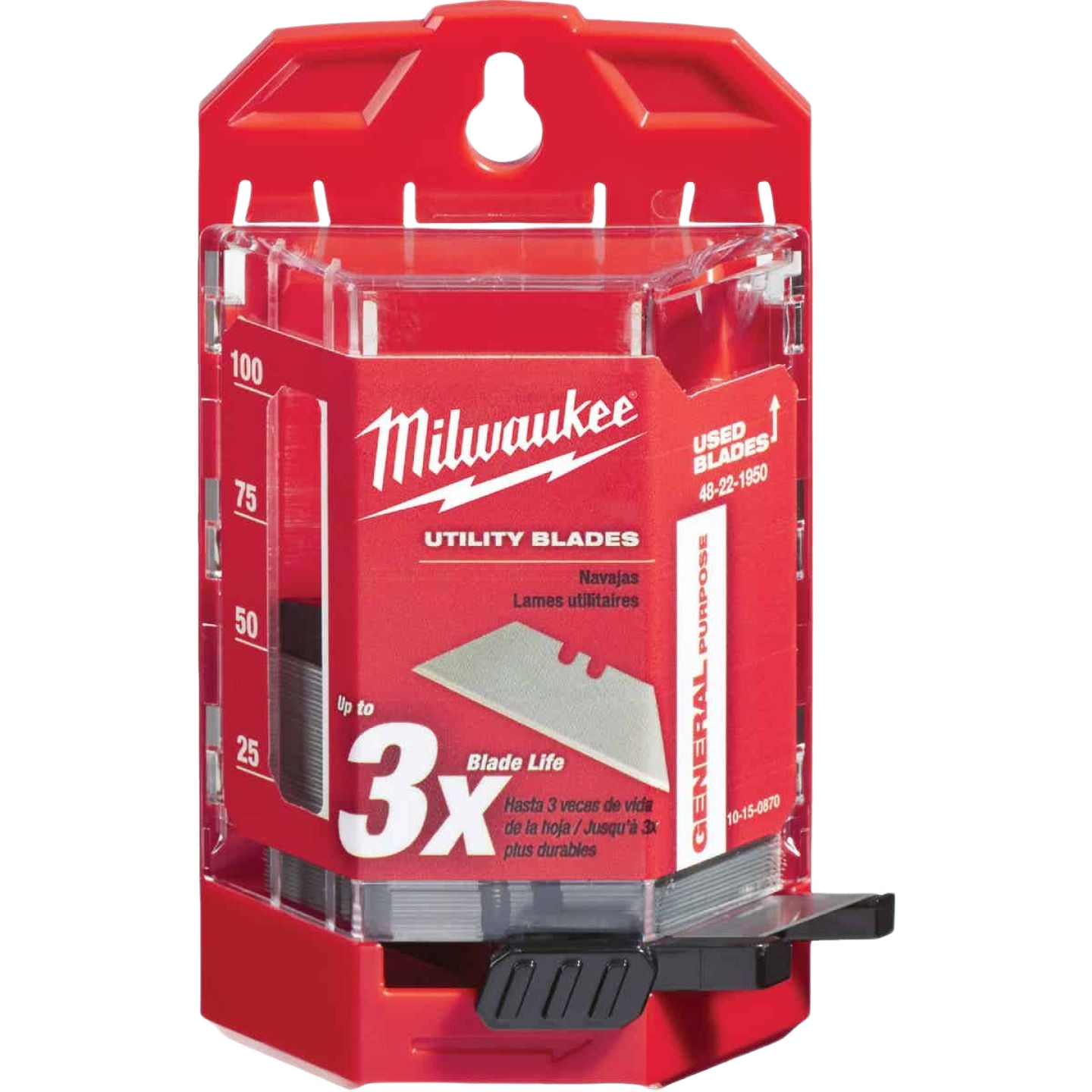 Red plastic dispenser containing multiple general purpose utility blades for tools and home improvement use