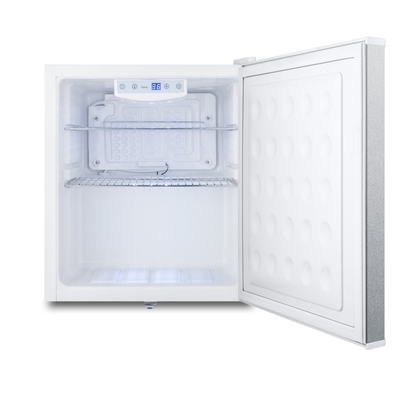 Open compact built-in refrigerator with adjustable wire shelf and digital temperature control in mini refrigerators collection