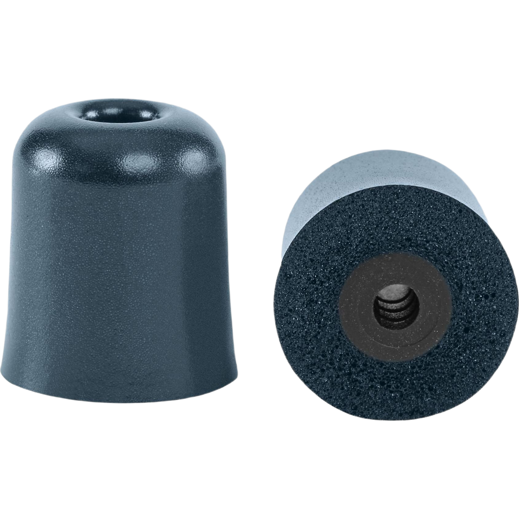 Black cylindrical earplug tips with threaded core designed for hearing protection in safety and tool accessory collections