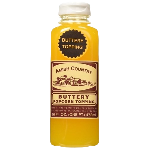 Clear plastic bottle of Amish Country buttery popcorn topping with brown label in the food and beverage collection