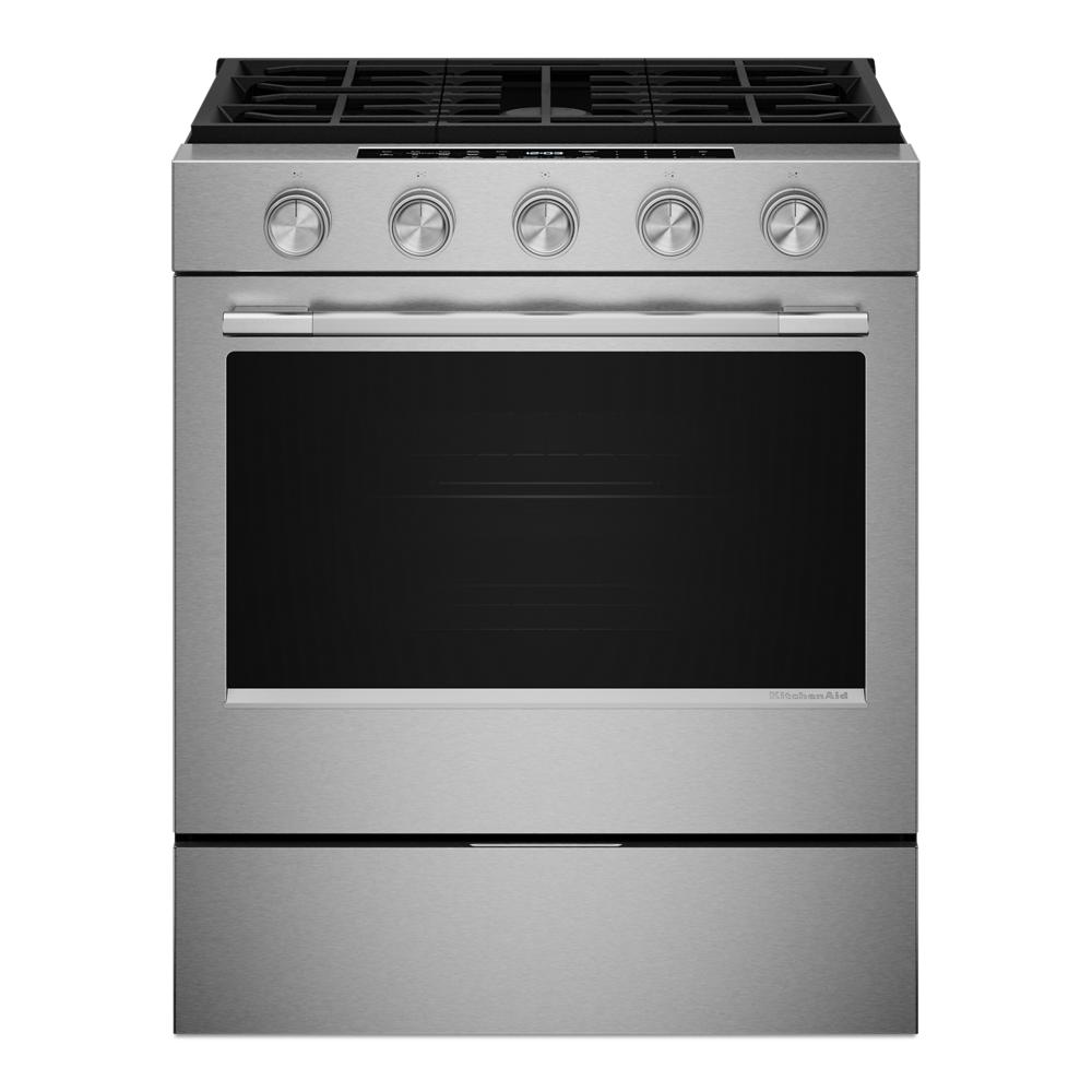stainless steel slide-in gas range with convection oven and five control knobs for kitchen and home improvement