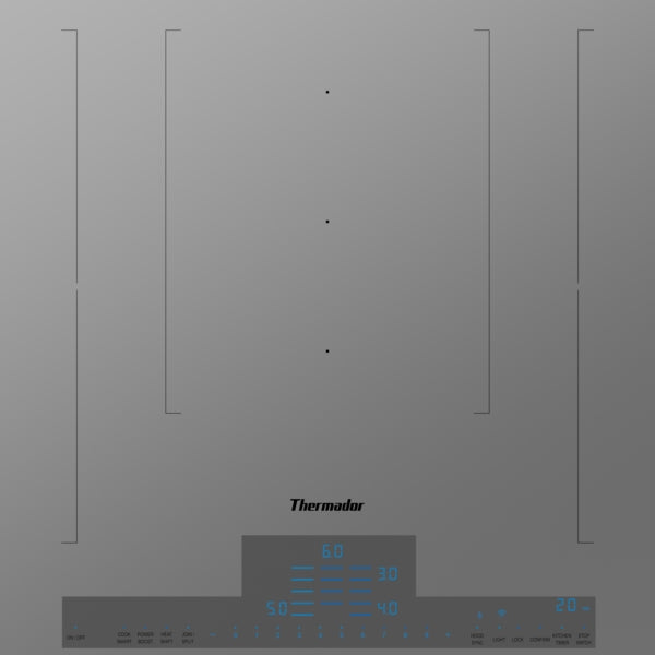 Titanium gray induction cooktop with large customizable cooking zones and blue digital touch controls in kitchen appliances