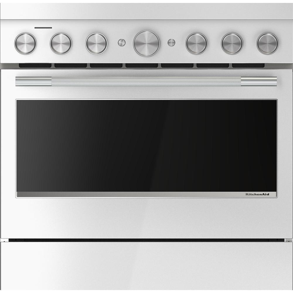 Front view of a stainless steel 36-inch freestanding induction range with six control knobs and a large oven window, featured in Ranges, Kitchen & Kitchenware, All Products, KitchenAid, Appliances, and Ranges & Cooktops collections.