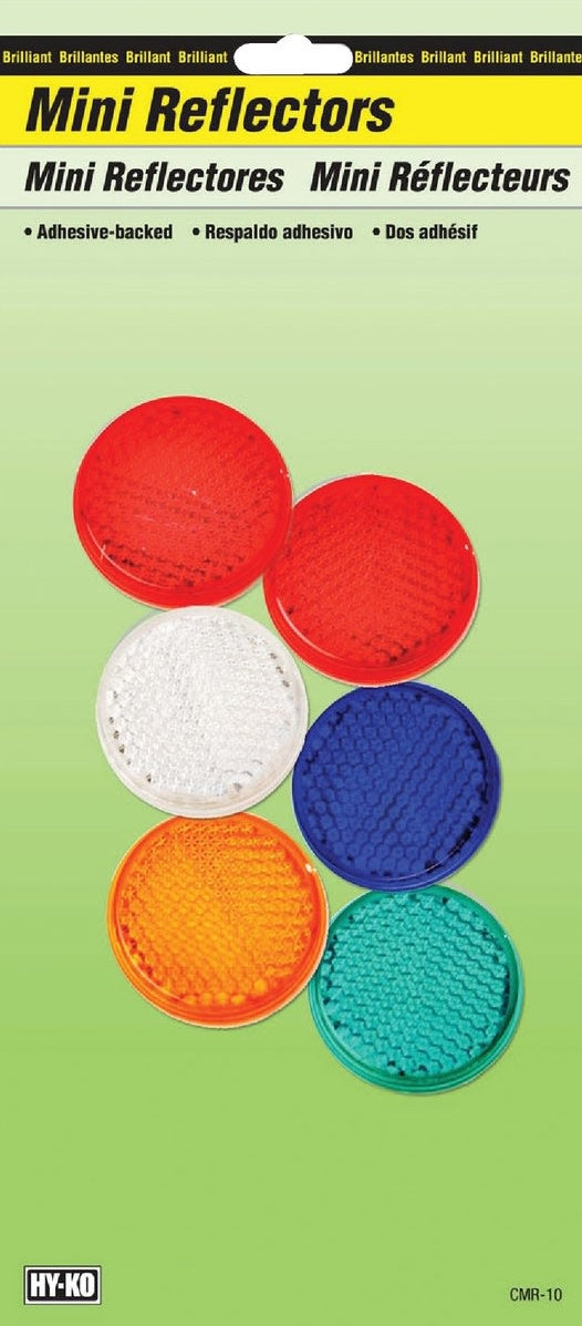 Set of six adhesive-backed round mini reflectors in red, white, blue, orange, and green for safety applications