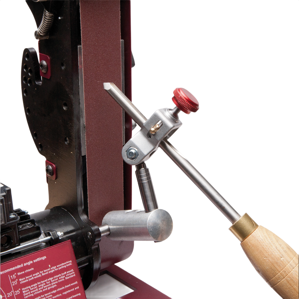 Machine sharpening jig with adjustable metal guide and wooden handle for precision edge grinding in tools and home improvement tasks