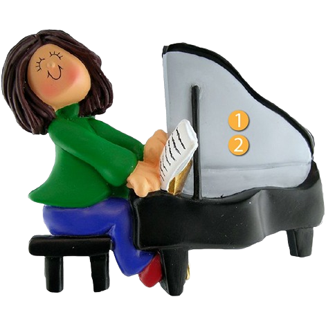 Figurine ornament of brunette female playing piano wearing green top and blue pants for Christmas decor