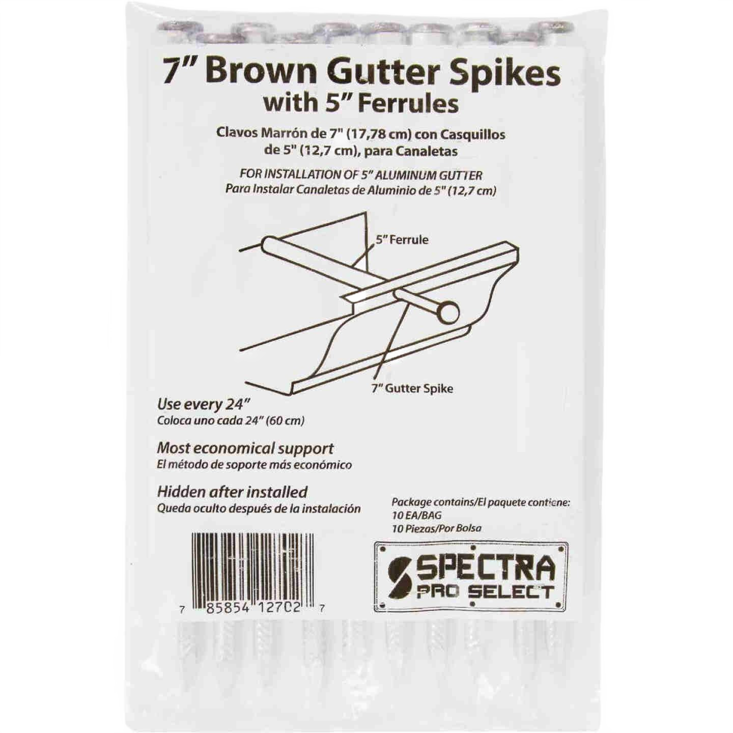 Packaging for 7-inch brown gutter spikes with 5-inch ferrules designed for roofing and home improvement hardware use