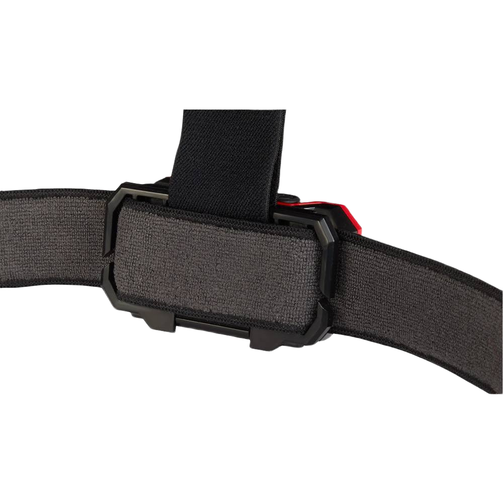 Gray adjustable strap with black buckle and red accent designed for low-profile headlamp in tools and home improvement use