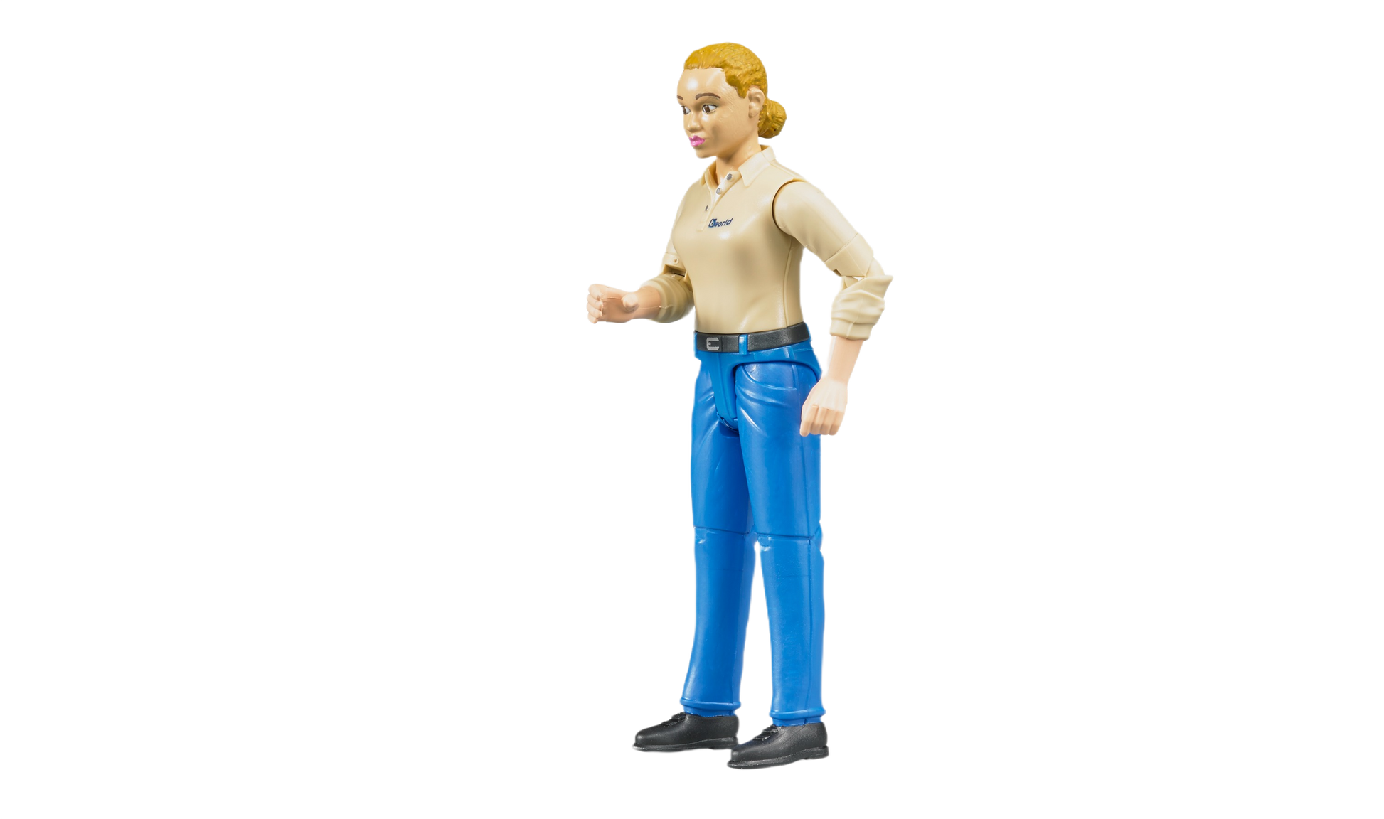 Lifelike toy figure of woman with light skin wearing beige shirt and bright blue jeans from Bruder Toys under $50 collection