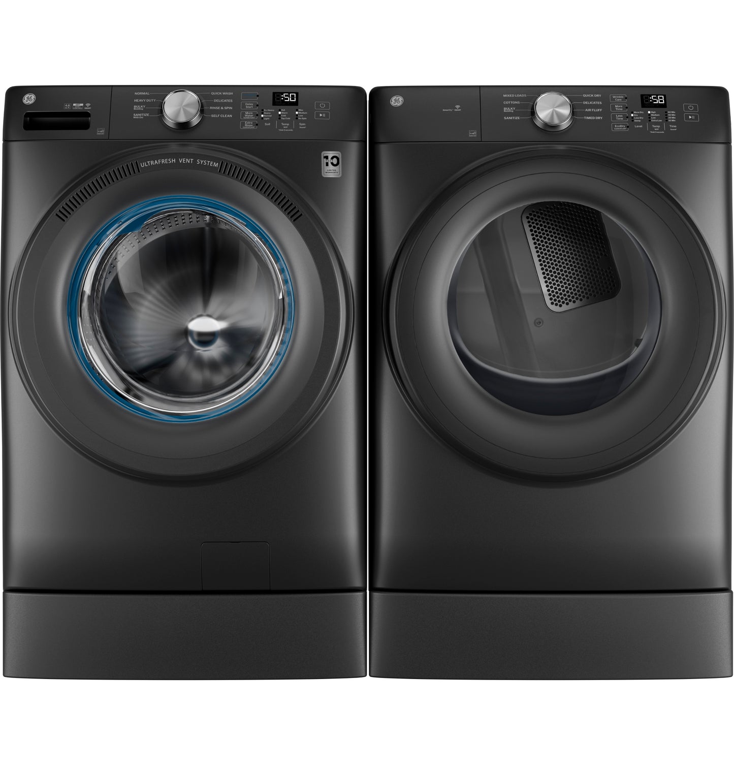 Dark gray smart front load washer and matching electric dryer with digital controls from washers and dryers collection