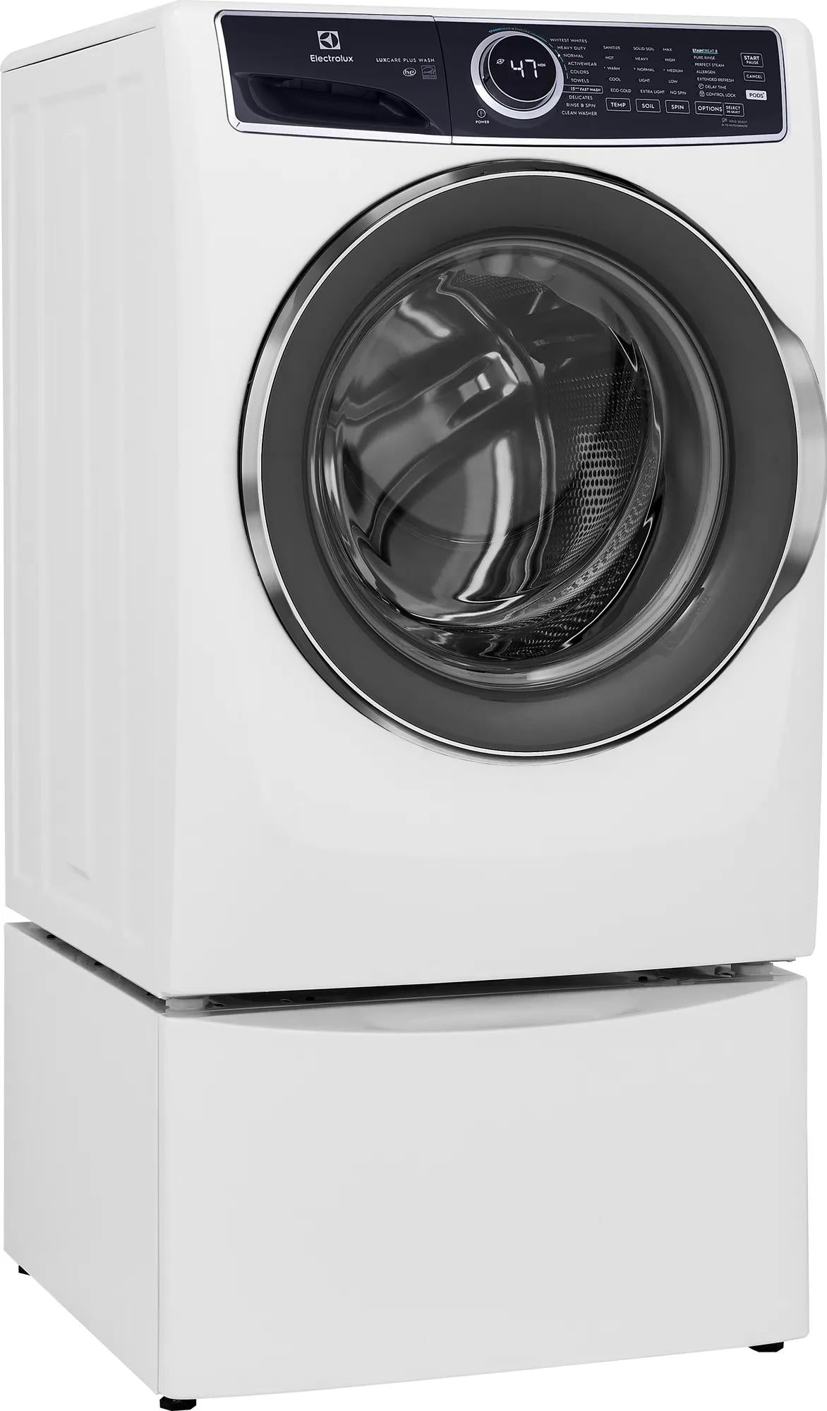 White front load washer with digital controls and large circular glass door, part of front load washers collection