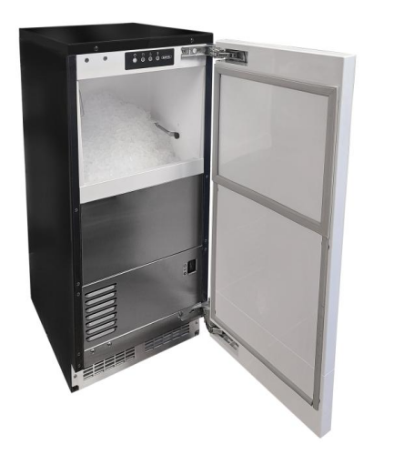 Open 15 inch nugget ice machine with stainless steel front and interior ice storage in kitchen appliances collection
